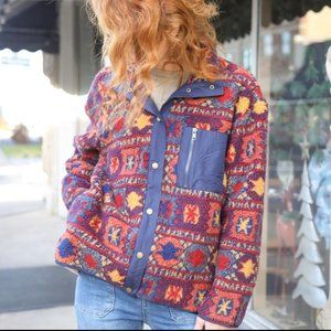 Easel Navy/Red Mock Neck Teddy Fur Jacket, Size Medium